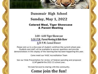 Flier for Tiger Showcase and Parent Title I meeting Spring 2022